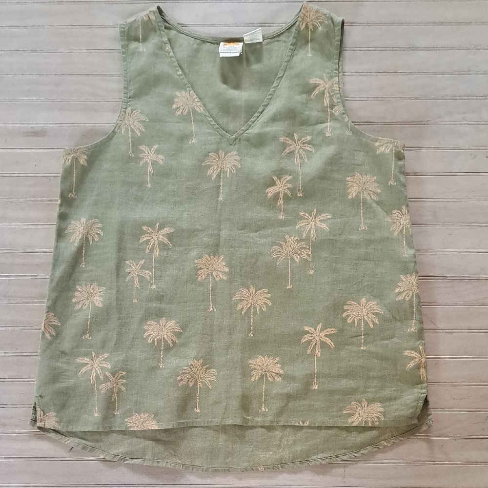 100% Linen C&C California Palm Tree Tank Top Green Sleeveless Vacation Summer